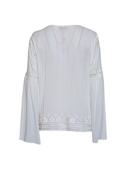 Get ready for your next festival or picnic in the park with this charming bohemian blouse from Parker! The dainty eyelet lace trim, intricate embroidery, and flared sleeves add a playful touch, while the lace-up neckline lends a flirty feel. This romantic blouse pairs perfectly with denim and woven slide sandals. Size M 100% Rayon Pullover Lace-up V-neck Eyelet lace trim Flared long sleeves Bust 43" Waist 46" Shoulder to hem 24.5" Sleeve length 25" V-neck Blouse With Lace Sleeves For Summer, White Bohemian Blouse With Boho Collar, Summer V-neck Blouse With Embroidered Sleeves, Bohemian V-neck Blouse With Embroidered Sleeves, Bohemian V-neck Embroidered Top With Chikankari, Bohemian V-neck Top With Chikankari Embroidery, Bohemian Embroidered Top With Chikankari And V-neck, Bohemian V-neck Chikankari Embroidered Top, Bohemian Chikankari Embroidered V-neck Top