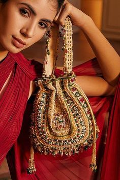 Shop for Lovetobag Amara Stone Embellished Potli Online at Aza Fashions Bags Shoot, Japanese Beads, Embellished Clutch, Embellished Flats, Potli Bags, Red Handbag, Velvet Color, Green Opal, Todays Outfit