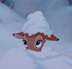 an animal with big eyes standing in the snow