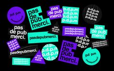 many different types of stickers on a black background with the words paris, pub merci