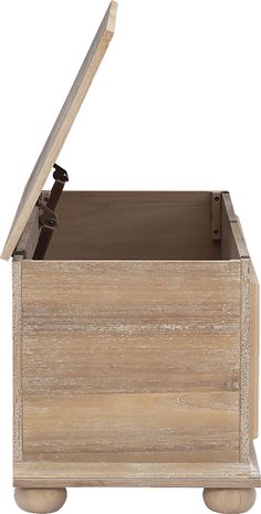 a wooden box with a handle on wheels