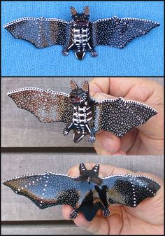 three pictures of the same bat with different markings on it's wings and body