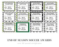 the end of season soccer awards is shown in black and white with green polka dots