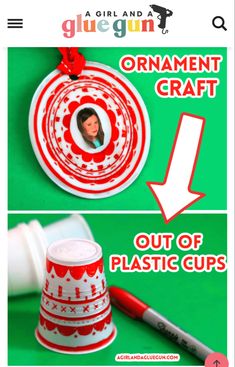 an image of a red and white christmas ornament on a green background with the words, out of plastic cups