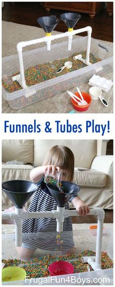 two pictures with the words funnels and tubes play in front of an image of a child