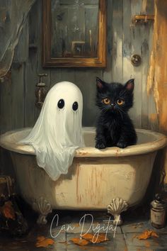 a painting of a black cat sitting in a bathtub next to a white ghost