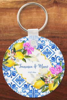 Blue tiles lemon Bougainvillea custom wedding gift Keychain wedding favor gifts Magenta Party, Wedding Favor Gifts, Personalized Bridal Shower Favors, Lemon Themed Bridal Shower, Mykonos Blue, Italian Theme, Favor Gifts, Bridal Party Favors, Italian Villa