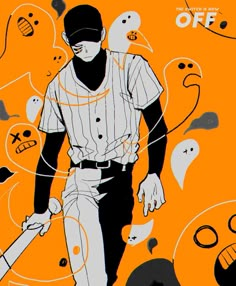 a man holding a baseball bat in front of an orange background with ghost like faces