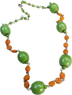 Vintage 60's 70's Mid Century Orange Lucite Molded Power Flowers Green Oval Beads Silvertone Chain Clasp Necklace 22" Long.Very Good condition, size OS. Detailed measurements:Overall Length - 22 inches Mid Century Orange, 70s Mod, Green Oval, Clasp Necklace, Oval Beads, Flowers Green, Green Beads, Bead Shop, Green Bead