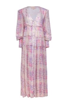 Look absolutely enchanting in this romantic Rococo Sand maxi dress. This shimmering gem has an ethereal, fairy-tale flair, with a dreamy abstract print in pink and purple hues, metallic gold stripes, and ruffled embellishments. Its V-neckline and smocked cuffs add extra feminine charm, making it perfect for baby showers, brunch, or any special occasion! Size S Shell 95.8% Rayon, 4.2% Metallic Lining 100% Rayon Padded shoulders Front button closure V-neck Long sleeve w/ smocked cuffs Ruffle embellishment Pink & purple abstract print Metallic gold stripes Tiered skirt seams Bust 34" Waist 46" Shoulder to hem 57.5" Sleeve length 27.5" Ethereal Flowy Dresses For Spring, Spring Mauve Maxi Dress With Floral Print, Feminine Flowy Lavender Maxi Dress, Feminine Mauve Maxi Dress, Spring Mauve Maxi Dress, Mauve Maxi Dress For Spring, Flowy Mauve Maxi Dress For Spring, Ethereal Fairy, Rococo Sand