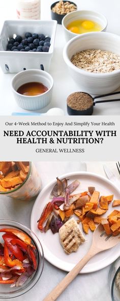 an assortment of healthy foods on a table with the words, our 4 - week meal to enjoy and simply your health needs