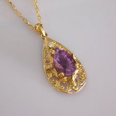 Exquisite Amethyst & Diamond Necklace.  This beauty is part of our Precious One of a Kind collection. * Materials: 18k Solid Gold 0,1ct VS SI Brilliant quality Ethically sourced Natural Diamonds AAA+ Grade Amethyst Gemstone * Pendant Size: 4x2cm * 18k chain: 50cm  * Price includes shipping & Vat Tax. * Custom duty charges are regulated by your country upon delivery. There is no custom duty charges for all orders delivered to the EU countries. * For time sensitive orders please let us know and we will do our best to accommodate y Custom orders Welcomed! Yellow Gold Amethyst Necklace For Wedding, Gold Amethyst Necklace For Wedding, Wedding Gold Necklace With Amethyst, Yellow Gold Amethyst Teardrop Pendant Jewelry, Gold Amethyst Jewelry With Filigree Detail, Gold Amethyst Jewelry With Filigree, Gold Amethyst Jewelry With Diamond Cut, Gold Amethyst Jewelry With Intricate Design, Diamond Drop Necklace