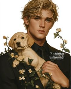 a painting of a man holding a puppy in his arms with flowers all around him