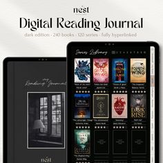 a tablet with an image of books on it and the text next to it reads digital reading journal dark edition 40 books 120 series fully hyperlinked