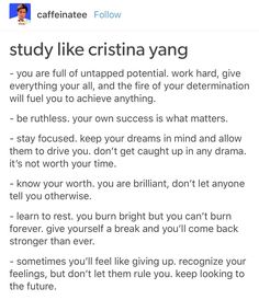 a text message that reads, study like cristina yang