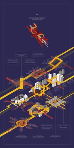 an image of a blueprint with yellow lines and red shapes on it, including two planes