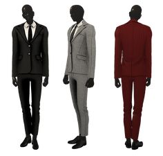 three mannequins dressed in black, white and red suits with one wearing a suit