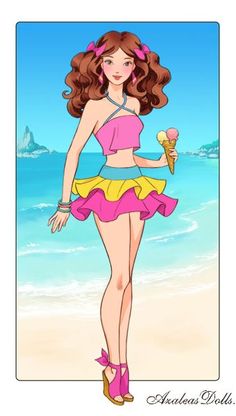 a girl in a pink top and yellow skirt holding an ice cream cone on the beach