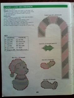 a cross stitch pattern for candy cane decorations, with instructions on the front and back