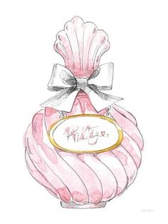 a drawing of a pink perfume bottle with a bow on it's top and the word