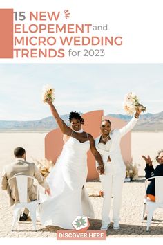 two women in white dresses holding bouquets and standing next to each other with the words new development and micro wedding trend for 2013