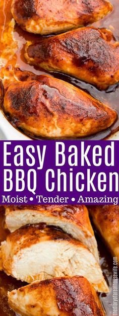 easy baked bbq chicken in a white bowl with sauce on the side and text overlay that reads, easy baked bbq chicken