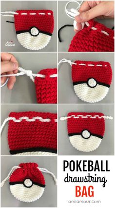 crocheted pokeball drawstring bag is shown with instructions to make it