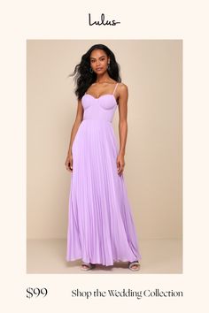 a woman in a long purple dress with the words shop the wedding collection on it