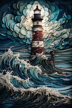 a painting of a lighthouse in the ocean