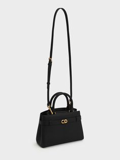 Black Aubrielle Metallic-Accent Belted Bag - CHARLES & KEITH US Chic Satchel With Gold-tone Hardware, Chic Satchel With Gold-tone Hardware As Shoulder Bag, Chic Workwear Satchel With Handles, Office Shoulder Bag With Double Handle And Branded Hardware, Office Double Handle Shoulder Bag With Branded Hardware, Chic Evening Satchel With Gold-tone Hardware, Chic Gold-tone Hardware Satchel Tote, Chic Satchel With Gold-tone Hardware Tote, Chic Tote Satchel With Gold-tone Hardware