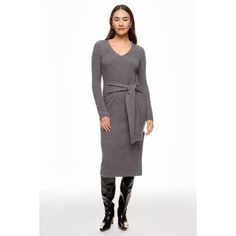 Grey (50% Merino Wool, 20% Acrylic, 30% Nylon). Casual Dresses. V-Neck. Long Sleeve. Pull On. Shoulder to Hemline Length: 44.5". Length: 14.75". Imported. Fall Bodycon Midi Dress With V-neck, Fall V-neck Bodycon Dress, Winter V-neck Midi Dress For Workwear, Tie Front Dress, Rent The Runway, Sweater Knit, Neck Tie, Merino Wool, Knitted Sweaters