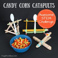 Catapult Craft, Build A Catapult, Fall Stem Challenges, Stem Engineering Activities, Fun Learning Activities For Kids, Catapult For Kids, Thanksgiving Stem Activities, Fall Stem Activities, Thanksgiving Stem