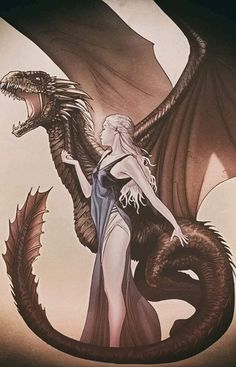 a woman is standing next to a dragon