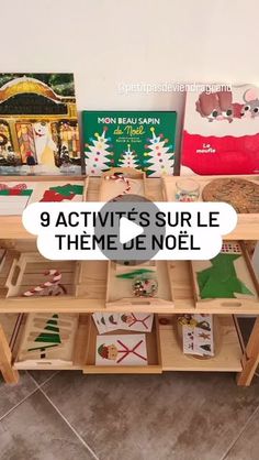 there is a wooden shelf with different items on it and the words 9 activities sur le theme de noel