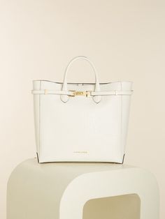 White Business Bags With Branded Hardware, White Business Satchel With Gold-tone Hardware, Foundation Brands, Handbags White, Logo Emblem, Guess Handbags, Croc Leather, Belt Design, White Tote