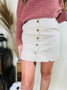 Call You Back Corduroy Button Skirt | Beige Button Skirt, Fall Essentials, Gold Buttons, Antique Gold, Apparel Accessories, Must Haves, High Waisted, Boutique, Skirt