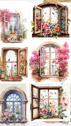 four different windows with flowers on them