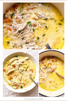 four different pictures of chicken and vegetable soup