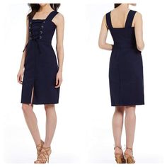 This Dress Features; Square Neckline Front Split Lacing/Tie Front 50% Cotton 45% Nylon 5% Spandex Grommet Dress, Chiffon White Dress, Boat Cruise, Beach Boat, Asymmetrical Midi Dress, Velvet Cocktail Dress, Navy Style, Black Striped Dress, Black Dress With Sleeves