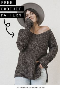 a woman wearing a hat and sweater with text overlay that reads free crochet pattern