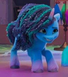 an animated pony with blue hair and purple manes standing in front of a mirror