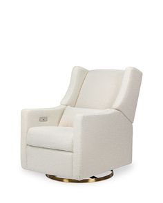 an upholstered chair with a gold base and white fabric, on a white background