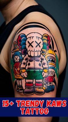 a man with a tattoo on his arm and chest that says 15 + trendy kaws