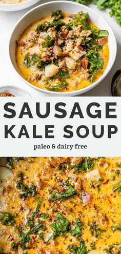 sausage kale soup in a white bowl with spinach on top and other dishes around it