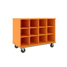 an orange storage unit with wheels on the bottom and four sections for each shelf to hold items