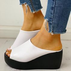 Ship from US Style: Fashion. Stylish Item: Wedges Upper Material: PU Toe: Open Toe Closure Type: Slip-On Heels: Wedge Heel Color: White?¡éBlack Comfy Wedges Sandals, Wedge Slippers, Female Sandals, Peep Toe Wedge Sandals, Slippers Online, Summer Wedges, Chunky Heels Sandals, Casual Slippers, Peep Toe Sandals