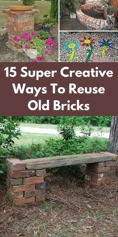 an old brick bench sitting in the middle of a yard with flowers and plants around it