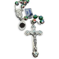 Blessed GREEN Rosary - Enamel Cloisonne' - This exquisite piece is dedicated to the venerated Our Lady Virgin Mary. The center medal prominently displays her divine image, making it a cherished addition to any collection. The rosary is adorned with a medal of St. Pio of Pietrelcina, featuring a relic ex-indumentis for added spiritual significance. The rosary was brought to Saint Peter Square where it was blessed during the public blessing. A piece of history for you from Rome. Beautiful, decorative enamel work with metal filaments fused to the surface of each glass bead filled in with shiny green enamel paste. The rosary features silver tone links center and beautiful crucifix. 8mm beads Length: 20" Experience the breathtaking beauty of the vibrant colors and intricate cross on this Green Green Rosary With Round Beads As Gift, Green Beaded Rosary With Round Beads, Green Beaded Spiritual Rosary, Green Beaded Rosary, Green Rosary, St Pio Of Pietrelcina, Saint Peter Square, Rosary Prayer, Saint Peter