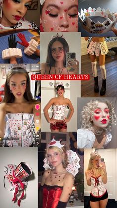 the collage shows many different pictures of women in costumes and makeup, including clowns