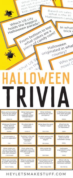 the halloween trivia game is shown in yellow and black, with spider silhouettes on it